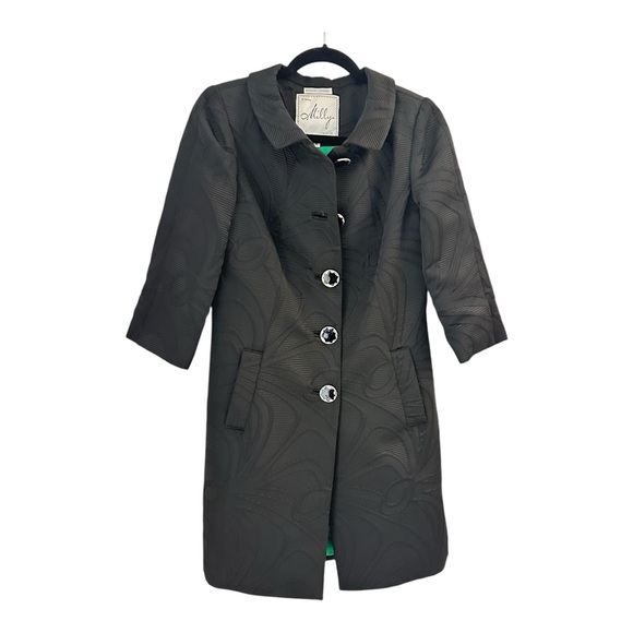 Milly Vintage Textured Black Jacquard Coat Green Lining 3/4 Sleeve Luxury Size 4 - Picture 4 of 15
